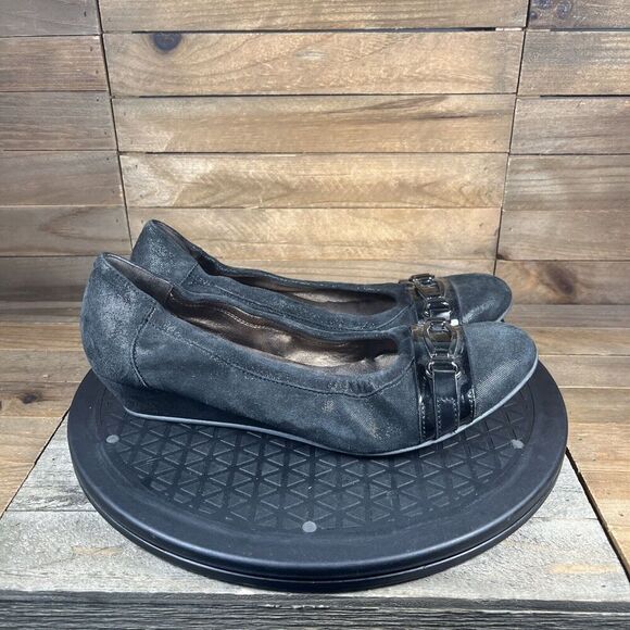 AGL Attilio Giusti Leombruni 39 US 8.5 Black Shimmer Ballet Wedge Slip On Buckle - Picture 1 of 10